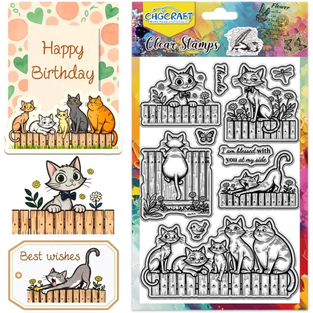 Transparente Stempel mit Katzen- und Zaunmotiven, Gänseblümchen, transparente Stempel mit Katzenmotiven, transparente Stempelsiegel für die Kartenherstellung, DIY