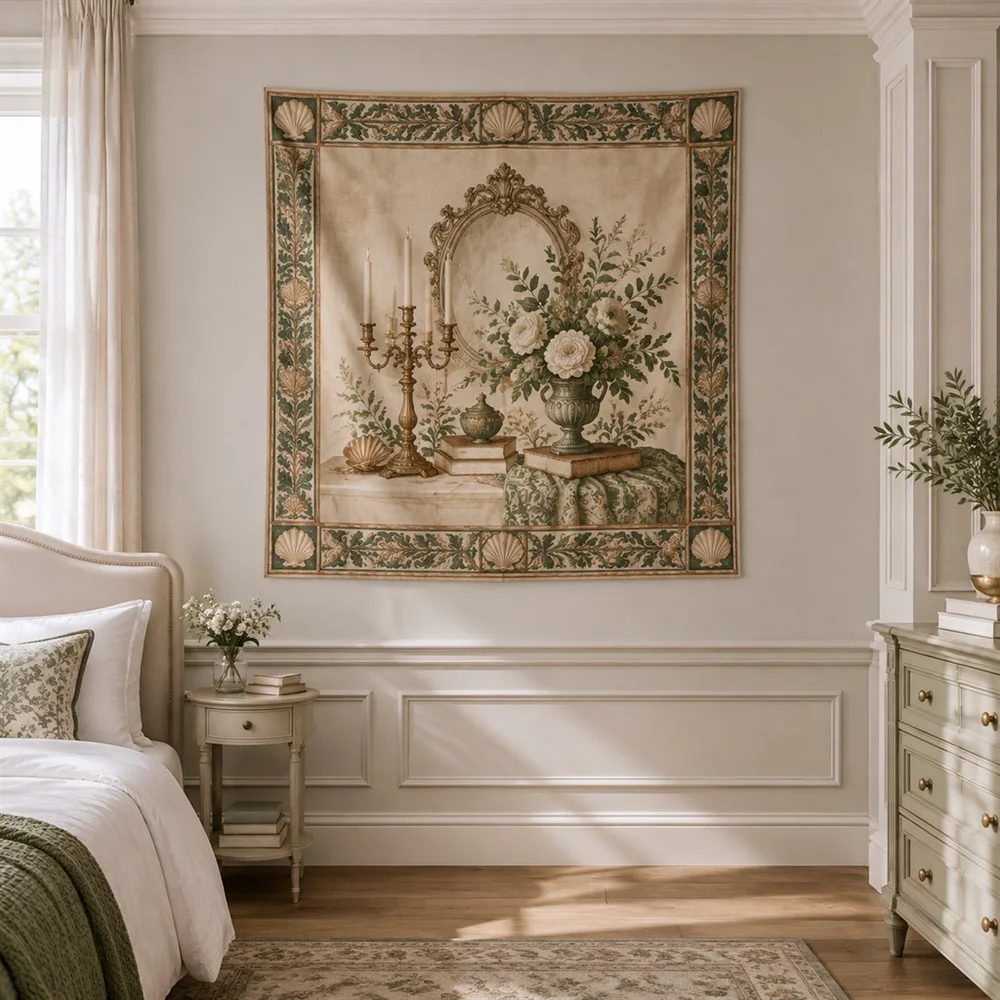 VIKAMA Candle and Mirror Still Life Border Frame Tapestry Wall Hanging, Neoclassical Wall Art Tapestries for Kitchen Dining Room