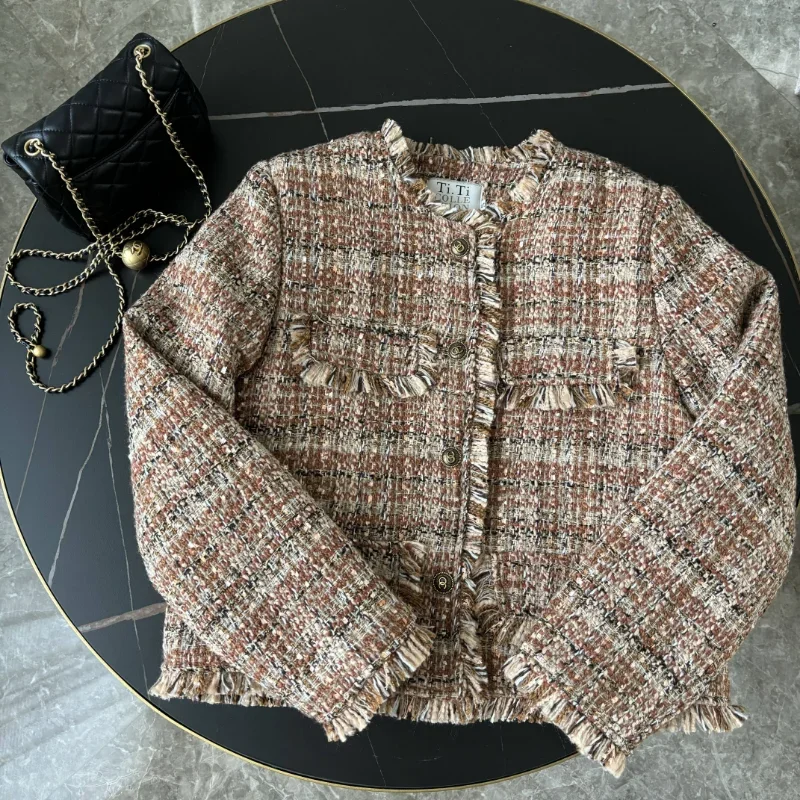 Abrigo corto pequeño fragante con forro cálido para otoño e invierno para mujer, abrigo francés holgado de Tweed con borlas y cuello redondo de manga larga para mujer