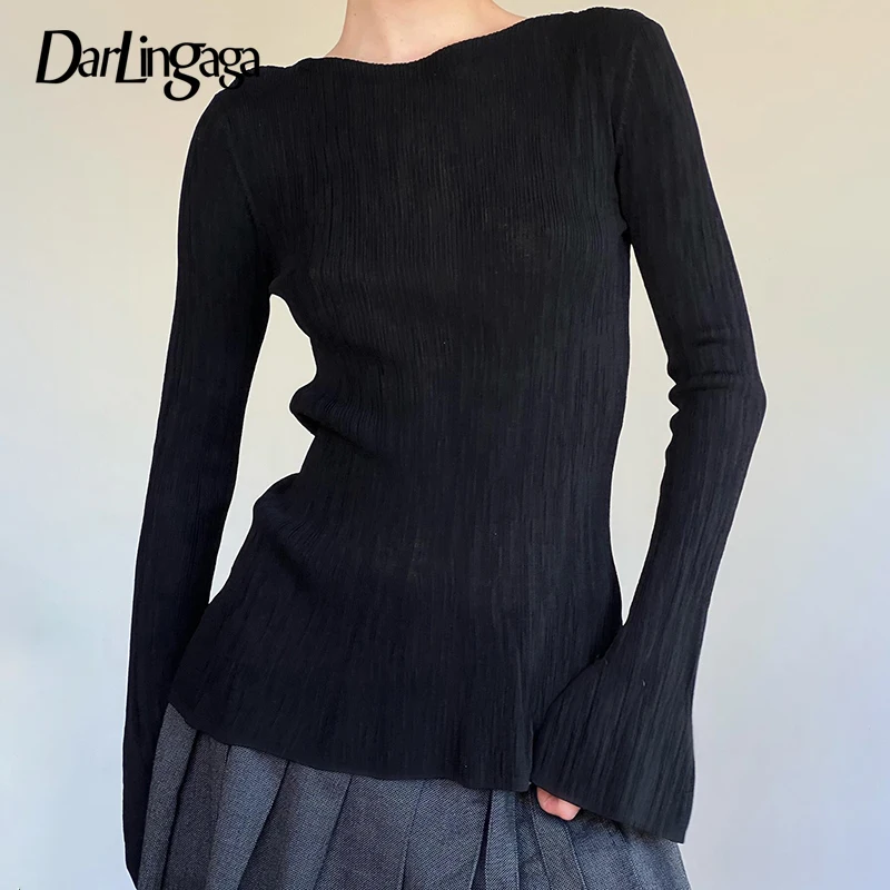 Darlingaga Fashion Chic Black Top Flare Sleeve Knit Spring Autumn T-shirts for Women Solid Bais Korean Clothing Y2K Chic Sweats