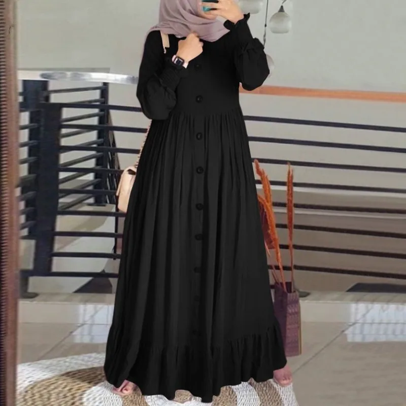 2024 New Islam Abaya Dress Cotton and Hemp Art Retro Casual Robe Femme Muselmane Loose Round Neck Ruffled Women\'s Dress