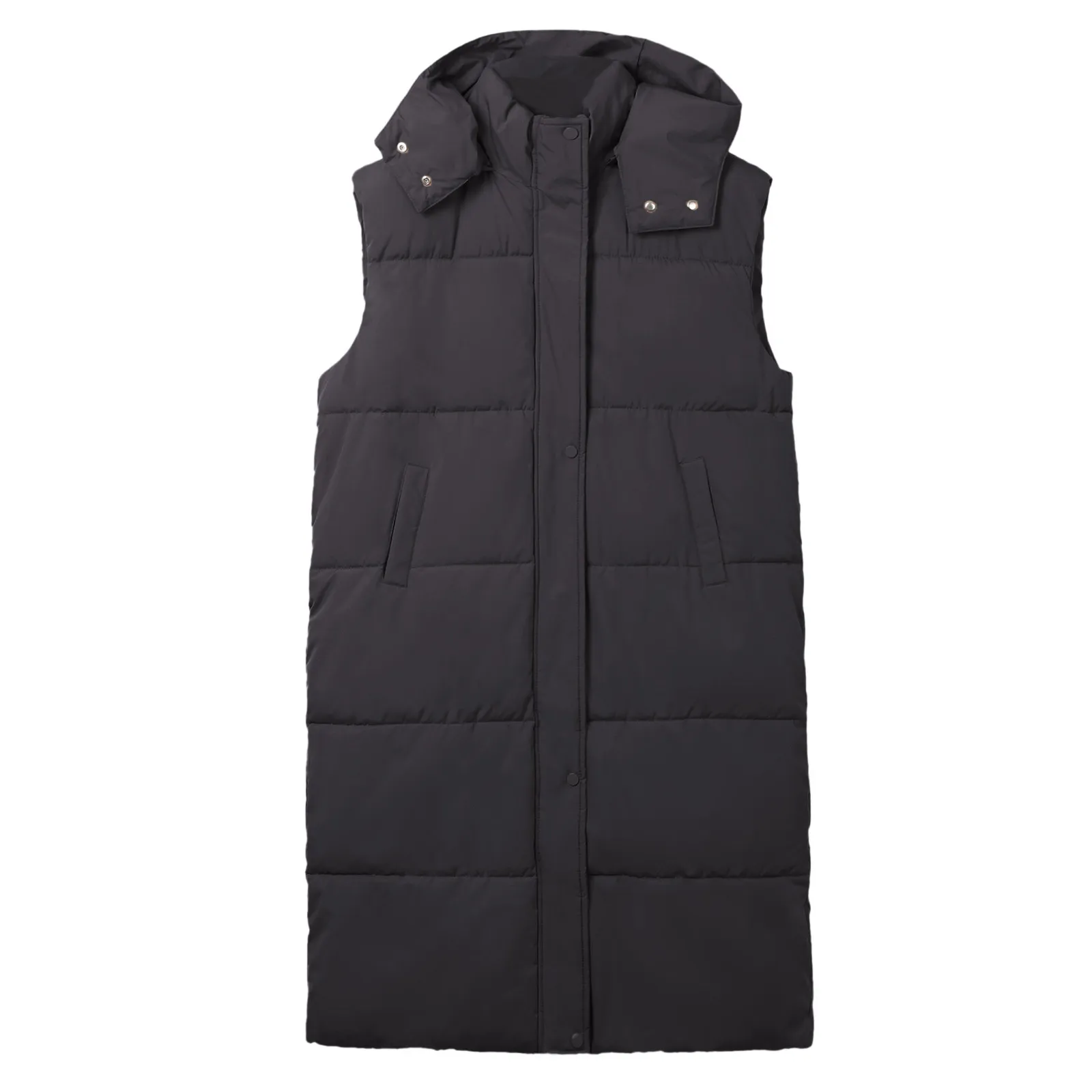 Women Winter Vest Coat Padded Solid Color Sleeveless Hooded Mid Length Slim Fit Zipper Hem Pockets Lady Long Winter Waistcoat