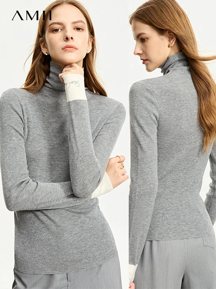 AMII Minimalist 2023 Turtleneck Fashion Women Sweater Autumn Warm Slim Sweaters Spliced Long Sleeve Bottom Pullovers 12323069