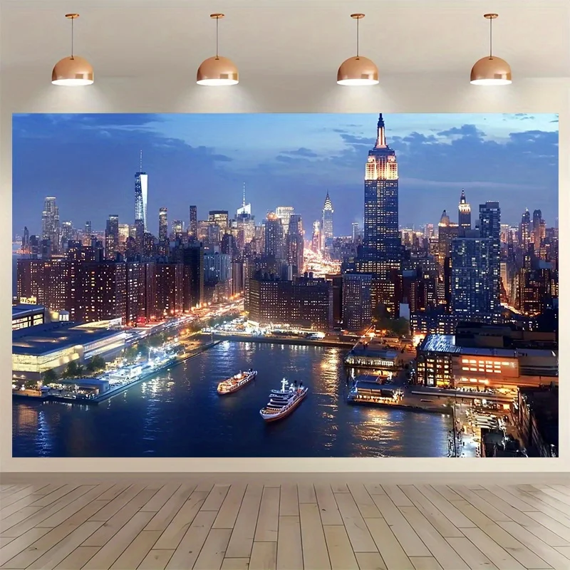New York City Manhattan Skyline Night River View Tapestry 2D Flat Printing Wall Hanging Backdrop for Living Room OfficeUrban Art