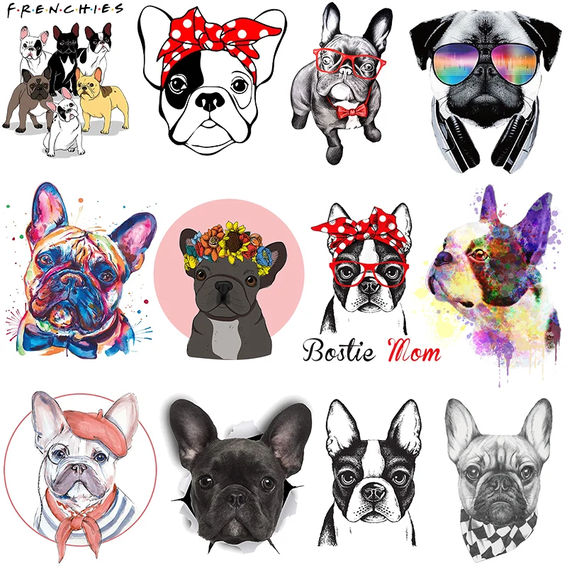 Iron on French Bulldog Patches for Clothes DIY T-shirt Dress Bag Applique Heat Transfer Vinyl Stickers Thermal Press Personalise