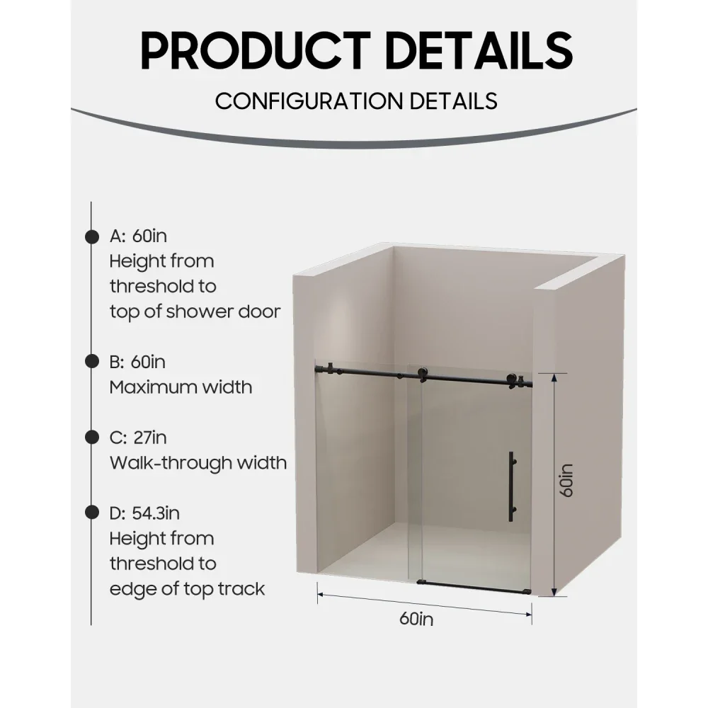 Porta de banho deslizante sem moldura de 56-60" x 60" H, porta de chuveiro de banho, vidro temperado transparente de 5/16" (8 mm), acabamento preto fosco