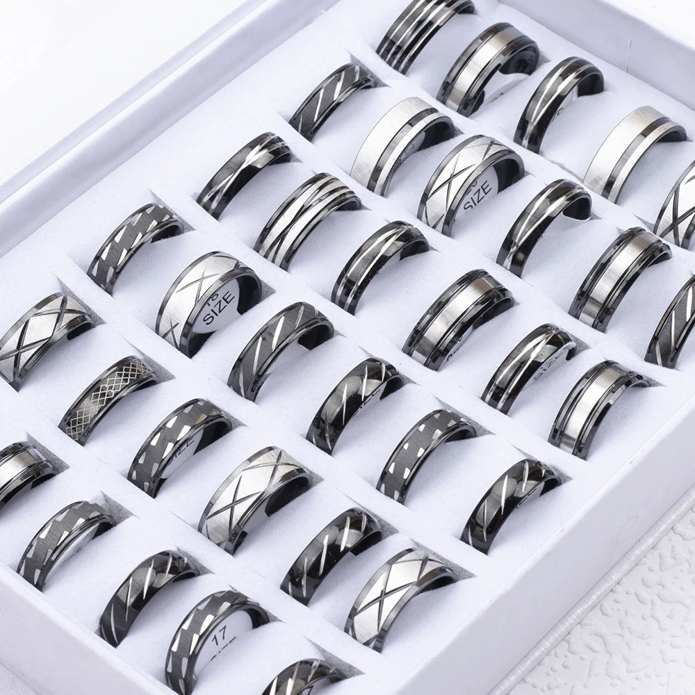 

24Pcs Wholesale Fashion Punk Two Colors Stainless Steel Rings Cut Pattern Wedding Ring Men and Women Engagement Party Jewelry Gi