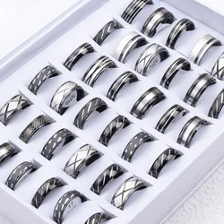 24Pcs Wholesale Fashion Punk Two Colors Stainless Steel Rings Cut Pattern Wedding Ring Men and Women Engagement Party Jewelry Gi