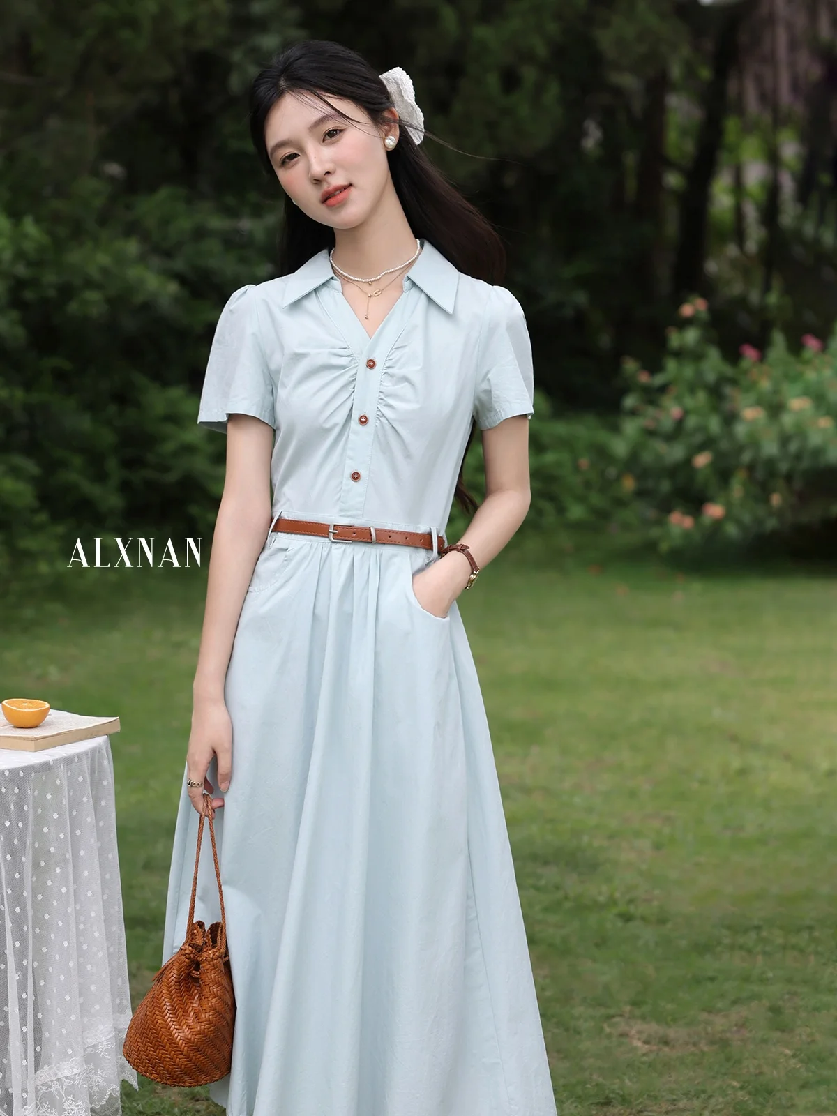 Ele Sweet Waist ort Sve Dr 女性用サマーロングスカート Aラインシルエット Vネック 花柄プリント カジュアルシックファッション