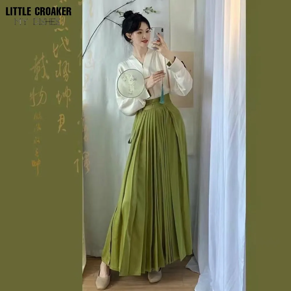 2 Peice Skirt Outfits Wrapped Top + Green Pleated Long Maxi Skirt New in Matching Sets for Women 2 Pieces Female Clothing