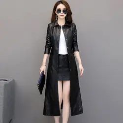 Spring autumn long black leather coat women long sleeve buttons slim fit Elegant leather jacket women 2023