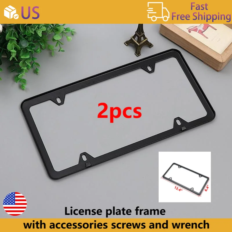 2 قطعة إطار لوحة ترخيص من الفولاذ المقاوم للصدأ بمواصفات أمريكية مع فتحات مربعة وحواف رفيعة تتضمن براغي ملحقة ومفتاح ربط مقاس أمريكي