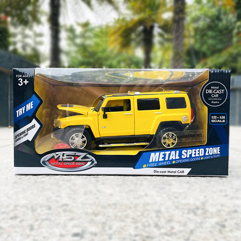 MSZ Modelo de carro de liga Hummer H3, vermelho e amarelo, caixa original, decoração artesanal, coleção ferramenta de brinquedo, 1:24