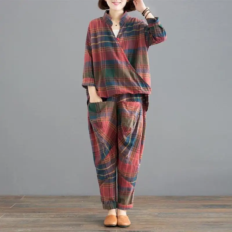 Womens Casual Sets Spring Autumn New Loose Temperament Plaid Irregular T Shirt Tops And All-match Harem Pants Two Piece Suits