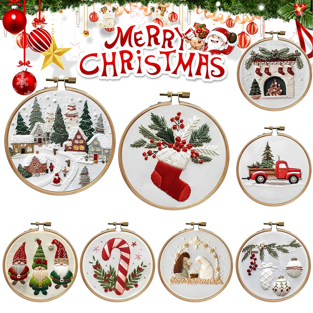 Kit de broderie au point de croix de Noël pour débutants, comprend des fils de gril de cerceau, artisanat d'art de couture fait à la main, bricolage
