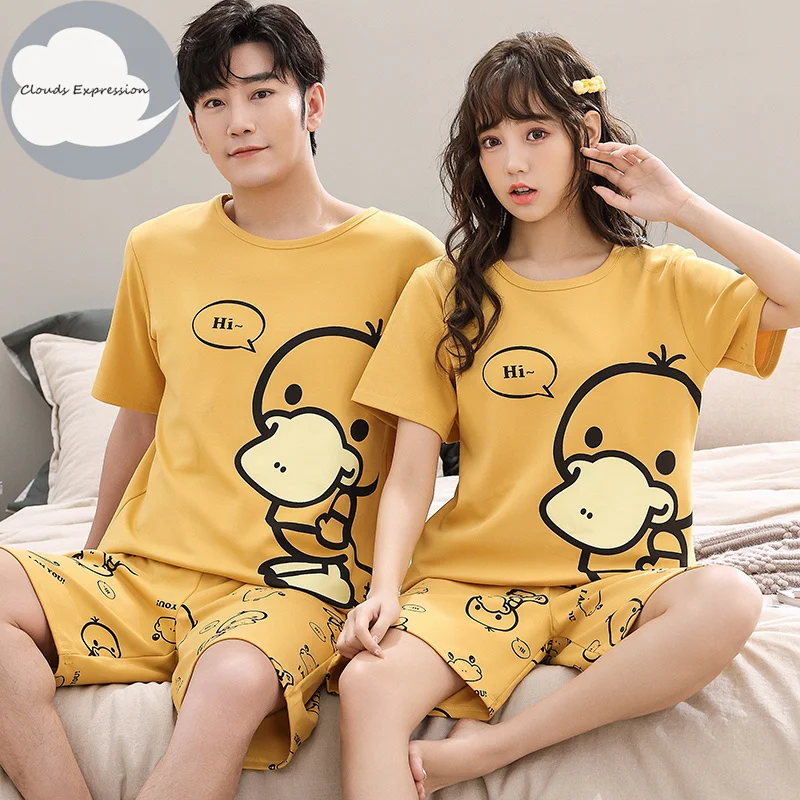 Summer Knitted Cotton Cartoon Duck Print Sleepwear Pajama Sets for Couples Short Suits Young Lovers Pajamas 4XL Homewear Fashion