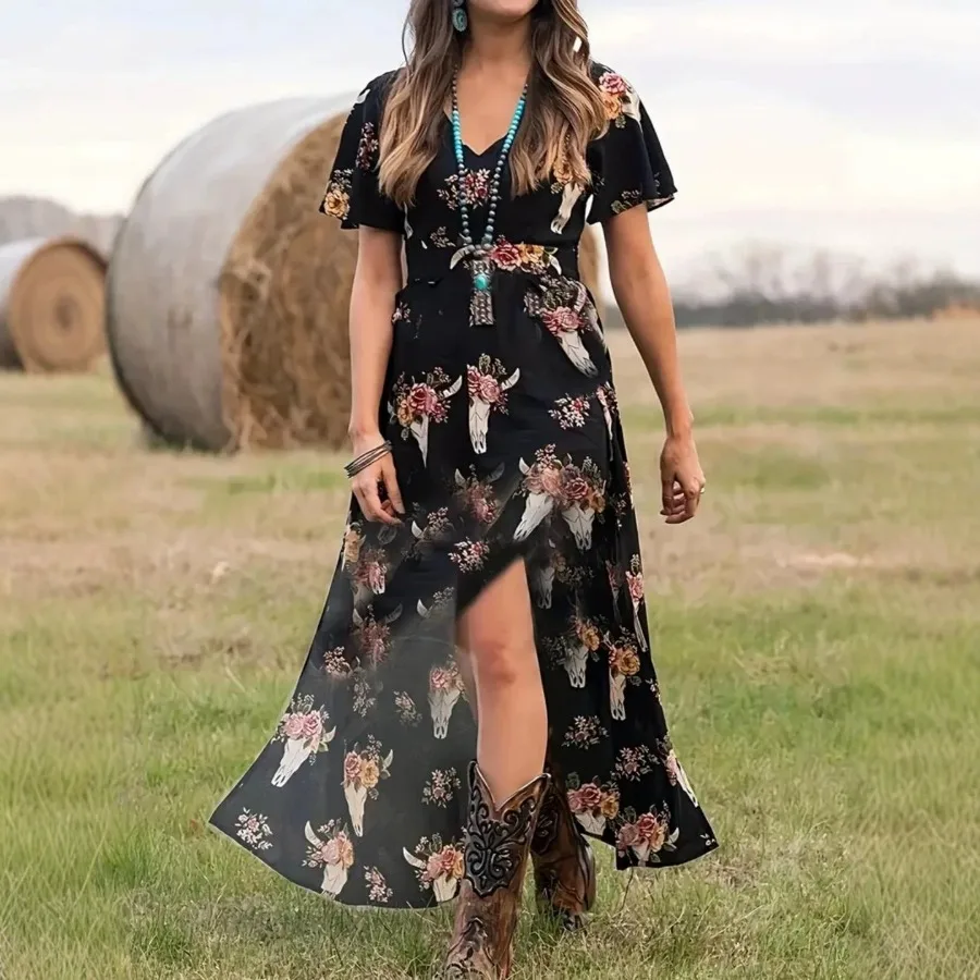 

【New style】Summer style women's new style retro print western style long dress