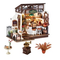 Robotime DIY Wooden Dollhouse Set  NO.17 Coffee Model Building Set with Accessories and LED Model Kit for Adult and Children