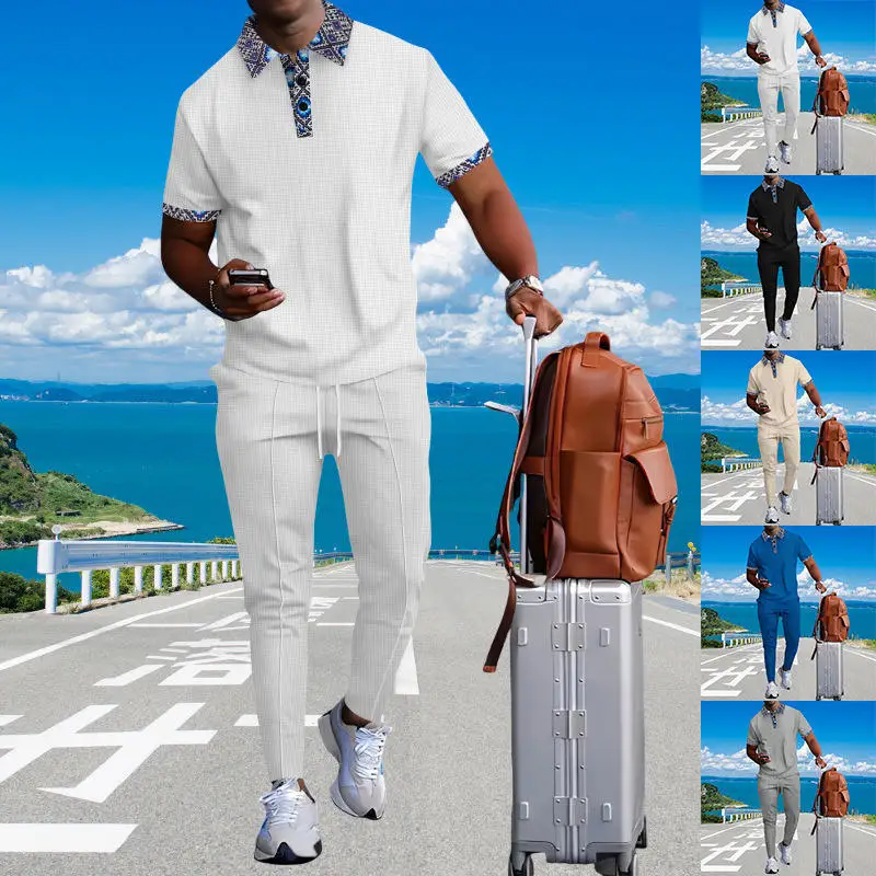 

New 2025 Men's Summer Youth Zipper Short Sleeve Long Pants Set Pure Color Collared Waffle Pattern Top Bottoms Matching Outfit