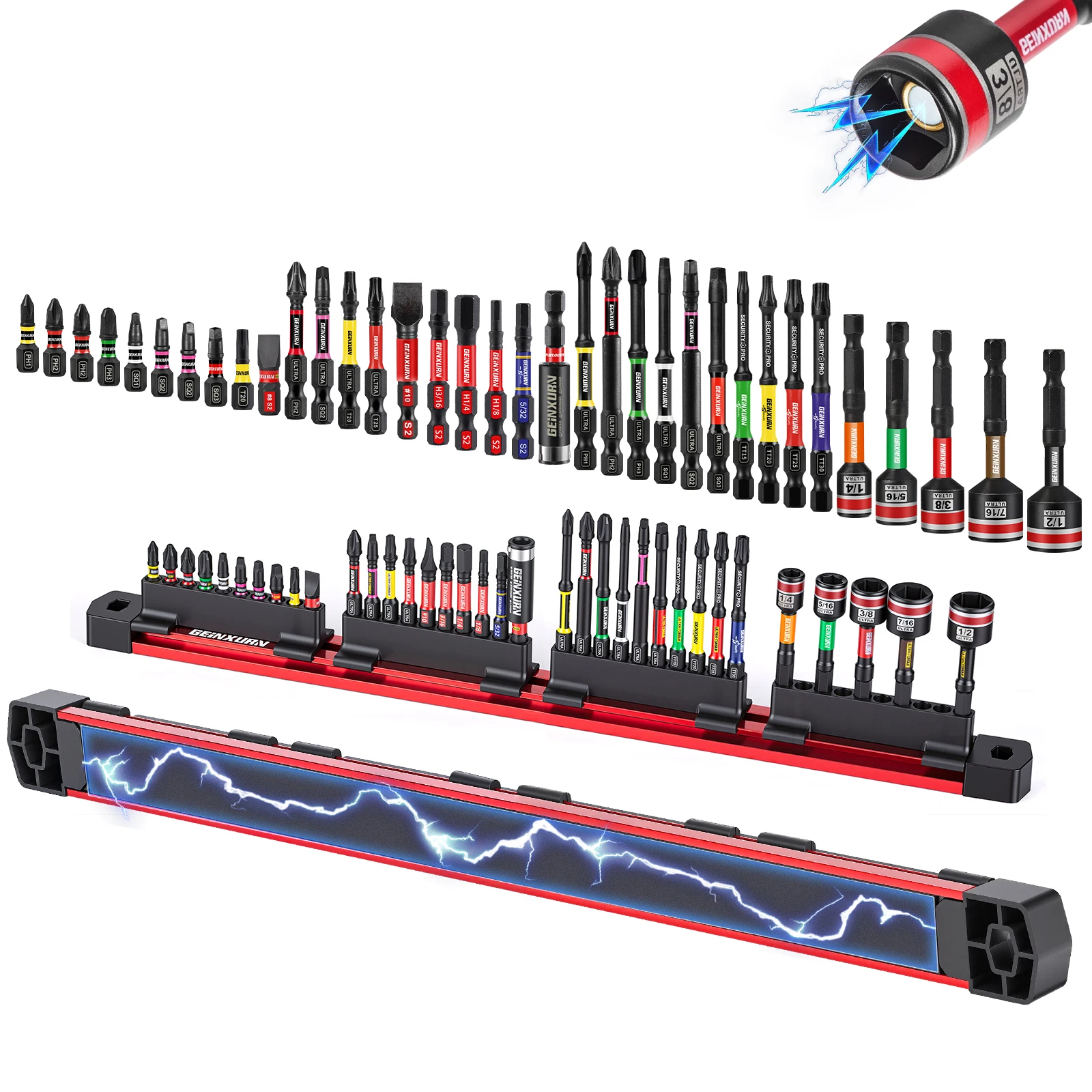 Geinxurn Durable 3-Layer Magnetic Bit Rail, Aluminum Alloy Bit Holder Set, Multi Impact & Nut Driver Bitsnizer for Garage Tool