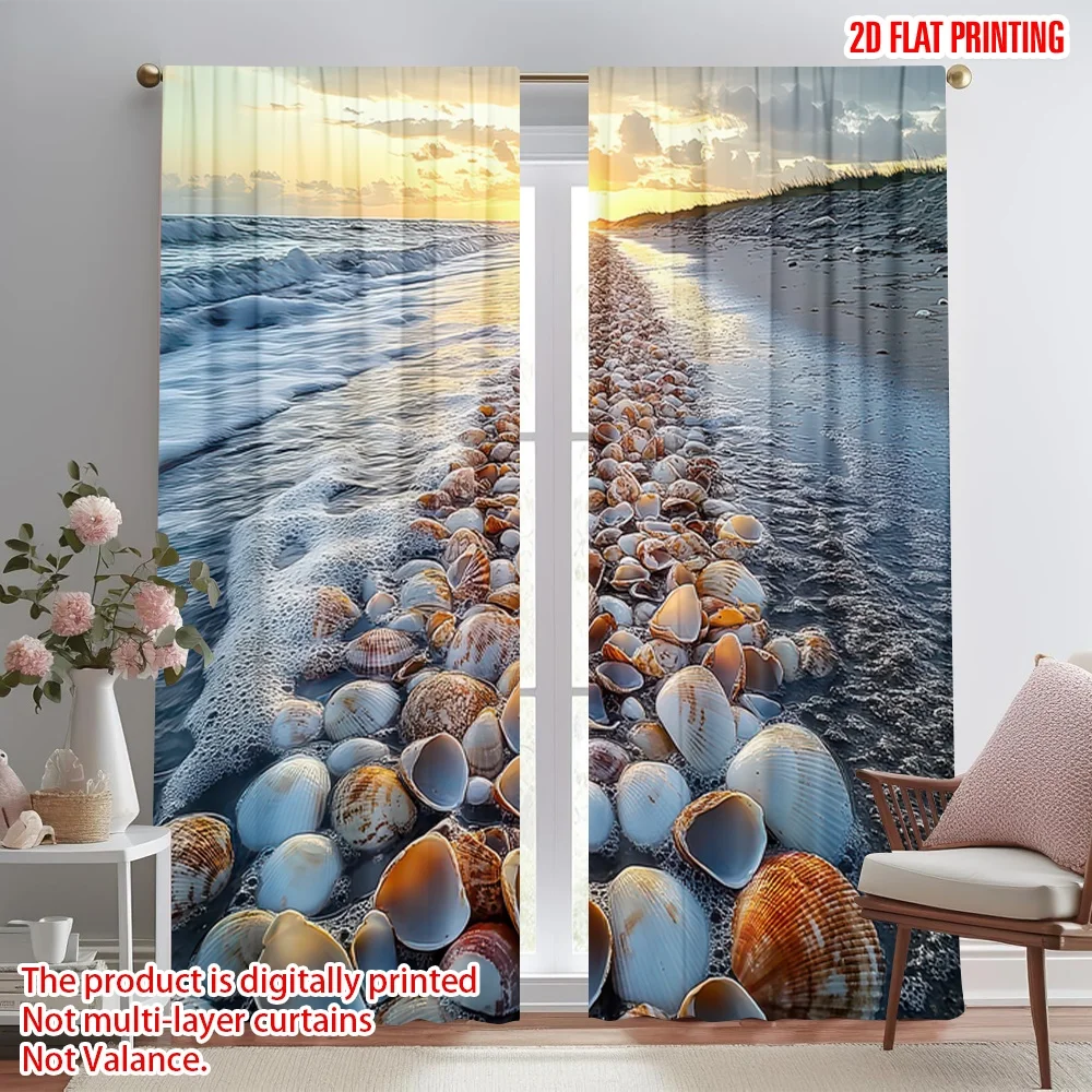 

2D flat printing 2pcs Curtain Seashells on Sunset Beach Digital Printed Polyester Drapes Family Party Use for Holiday Parties