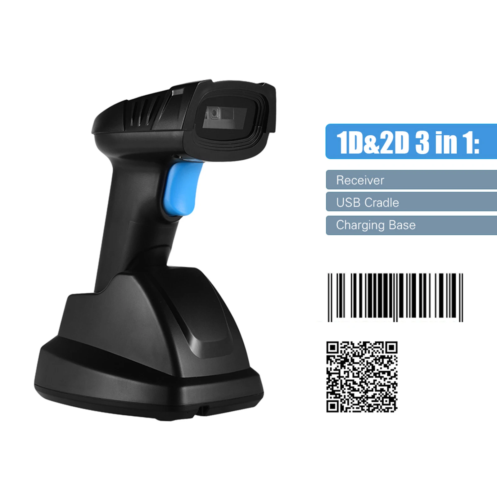 

Handheld 1D 2D QR Wireless Barcode Scanner Bar Code Reader with USB Cradle Receiver Charging Base for Supermarket Retail Store