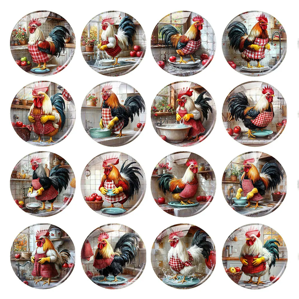 Random Mixed Round/Oval/Square Kitchen Apron Rooster Cartoon Photo Glass Cabochon Flatback Demo Cameo For Diy Jewelry Making