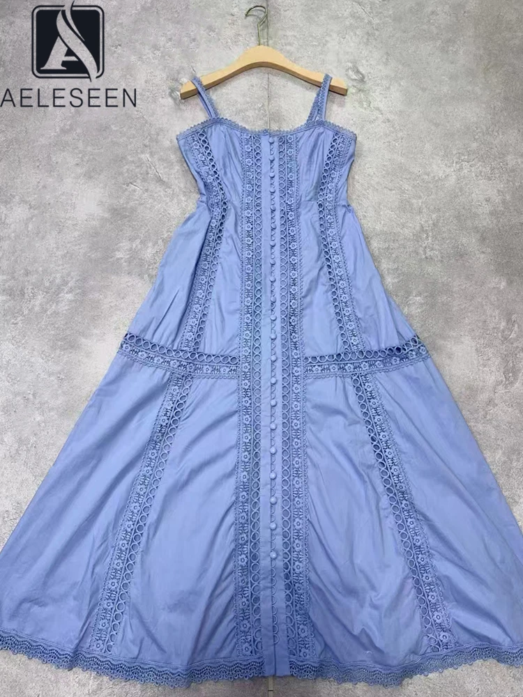 

AELESEEN 2025 Spring Summer Elegant Lace Dress Women Spaqhetti Strap Vintage Mid-Length Embroidered Hollow Out Casual Party