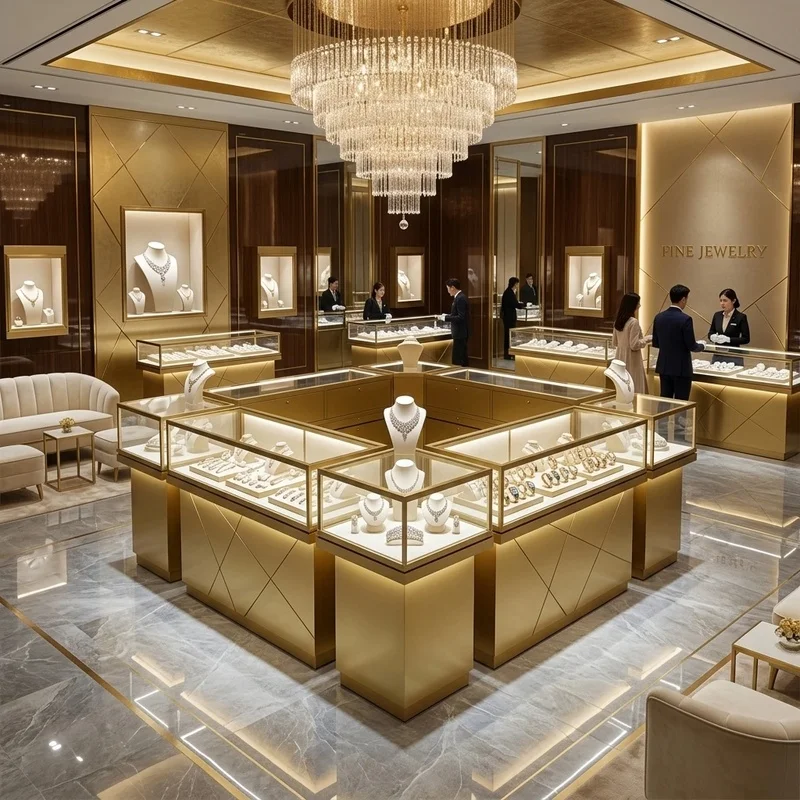custom.Luxury Shopping Mall Jewelry Island Kiosk High Transparency Glass LED Strip High-end Retail Showroom Fitting