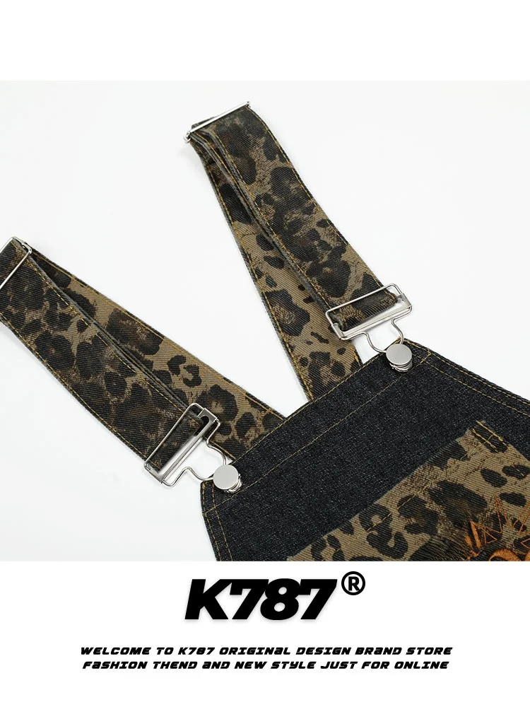 K787 American Retro Leopard Print Multi-ket Bib Overalls Women's Embroidered Straight Leg Denim Casual Bib Overall Pants