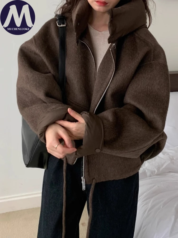 Elegant Hooded Short Woolen Coat Autumn Winter Korean Fashion Casual Loose Jacket with Detachable Lace up Design