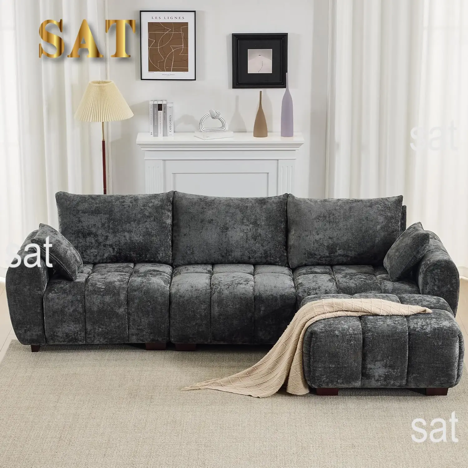 #112" Mid Century Modern L Shaped Couch, 3 Seater Modular Sectional Sofa with Movable Ottoman, Deep Seat and Solid Wood, Custom