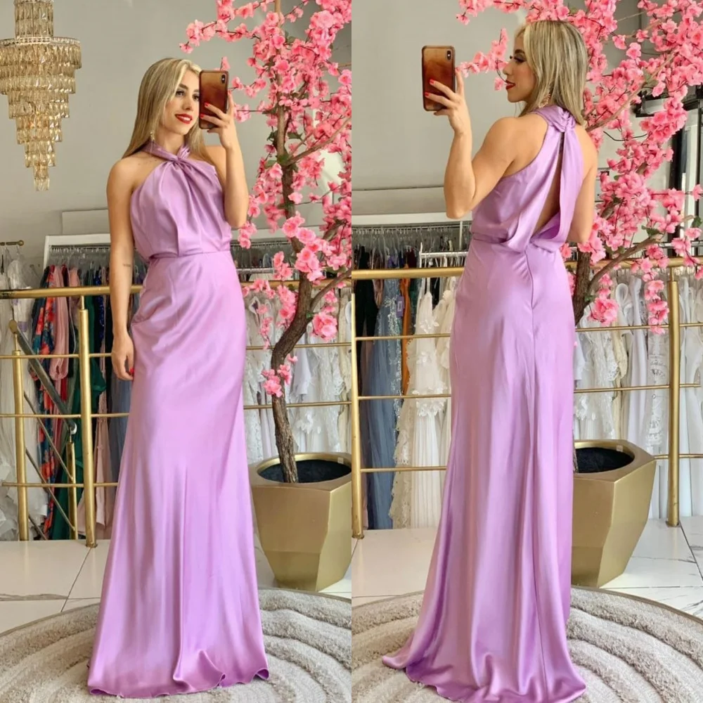 Jersey Draped Pleat Ruched Homecoming A-line Halter Bespoke Occasion Gown Long Dresses