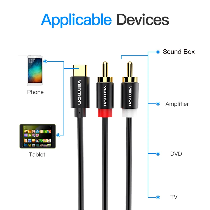 USB firmy Vention C do 2 kabel Audio RCA typ adaptera C do złącze RCA Audio przewód Aux do głośnika wzmacniacz do kina domowego TV DVD