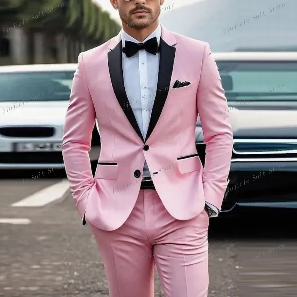 

New Black Lapel Pink Business Men Suit Wedding Party Prom Groom Groomsman Formal Occasions Male Tuxedos 2 Piece Set Blazer Pants