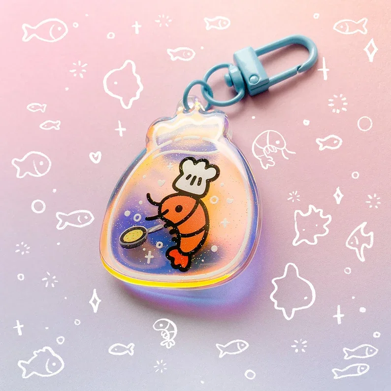 Shrimp Fried Rice 2 Inch Rainbow Acrylic Charm Keychain Funny Meme Chef Food Cute Shrimp Marine Animal