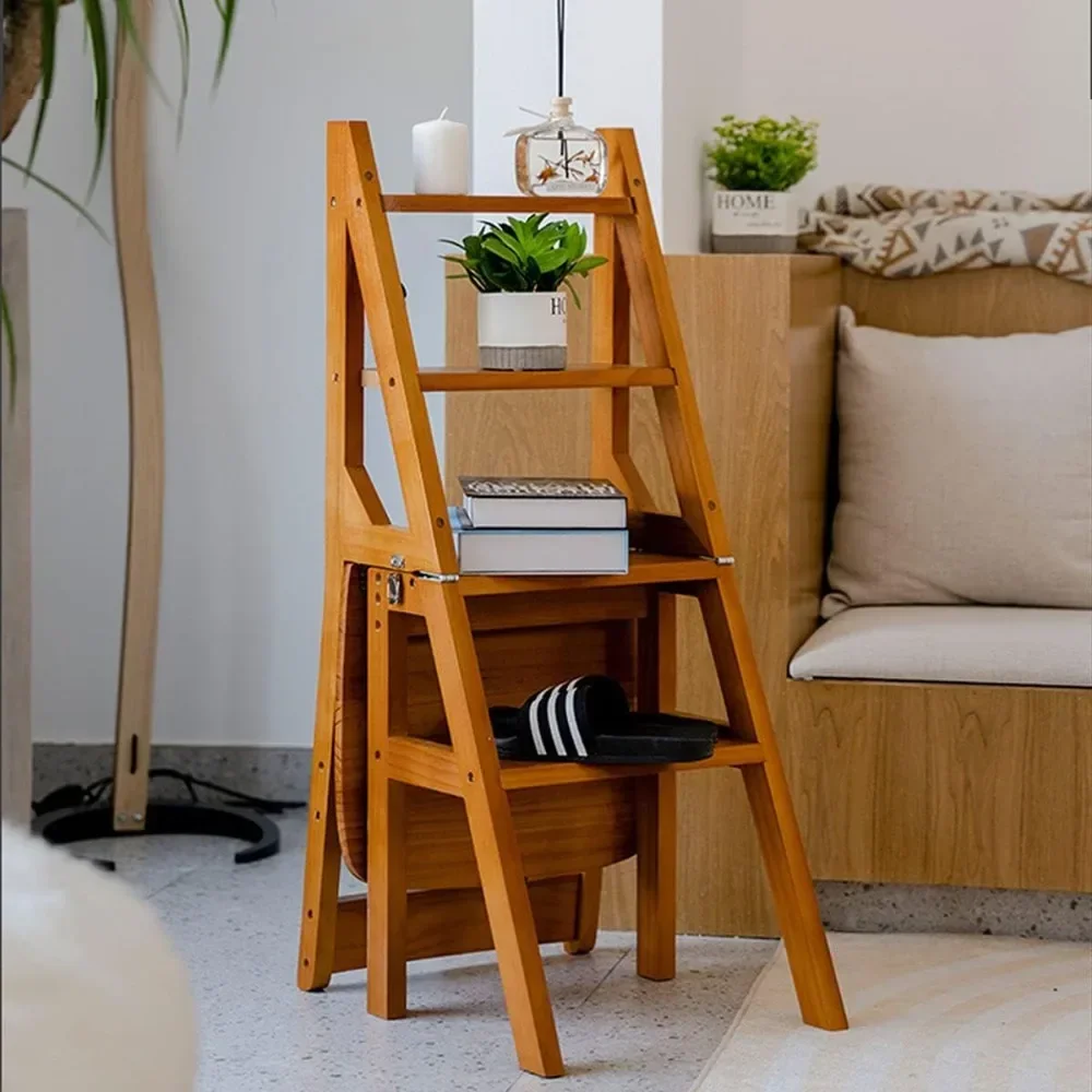 4 Tier Folding Step Ladder Convertible Multi-Functional 3-in-1 Wood Ladder Chair Ladders for Home Lightweight Stool Kitchen