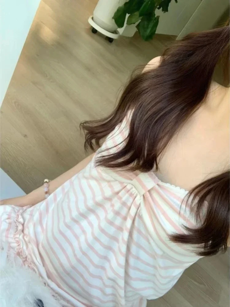 سترة يابانية حلوة ملابس نسائية عتيقة مخططة بدون أكمام تي شيرت موضة الصيف كاميس الكشكشة سليم صالح خمر تانك Ropa Mujer #3