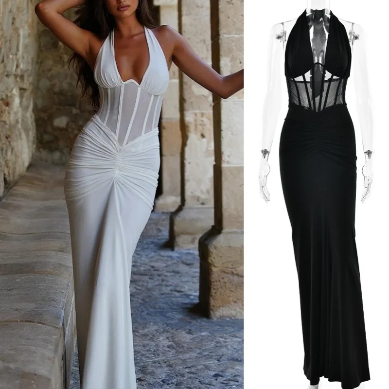 Сексуальное длинное платье без рукавов с лямкой на шее, сетчатое элегантное женское платье макси на шнуровке с открытой спиной, модное платье, женские облегающие платья