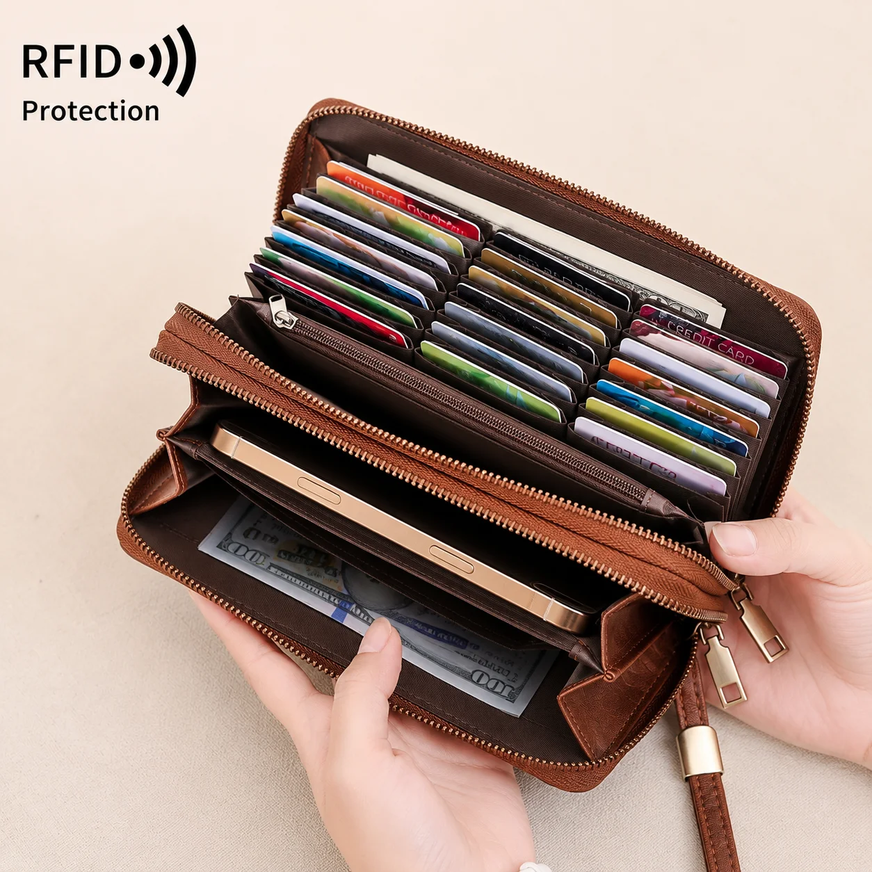 Portefeuille long anti-RFID pour femme avec double fermeture éclair, pochette de poignet, grande capacité, porte-cartes, porte-téléphone et passeport