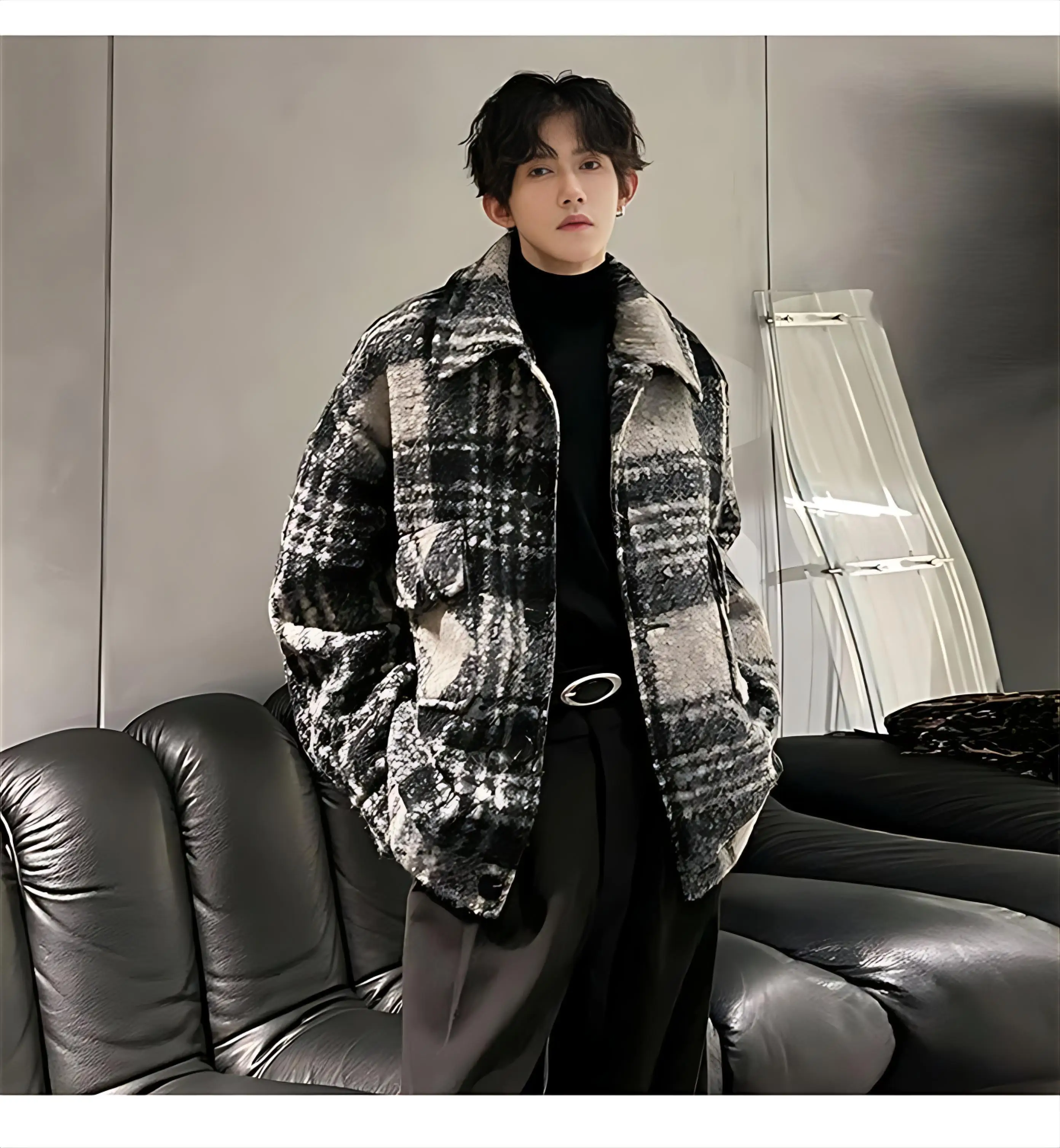 

Wool Blend Jacket Man Korean Mens Casual Cargo Style Recreation Bomber Loose-Fitting Pure College Single-Breasted Warm