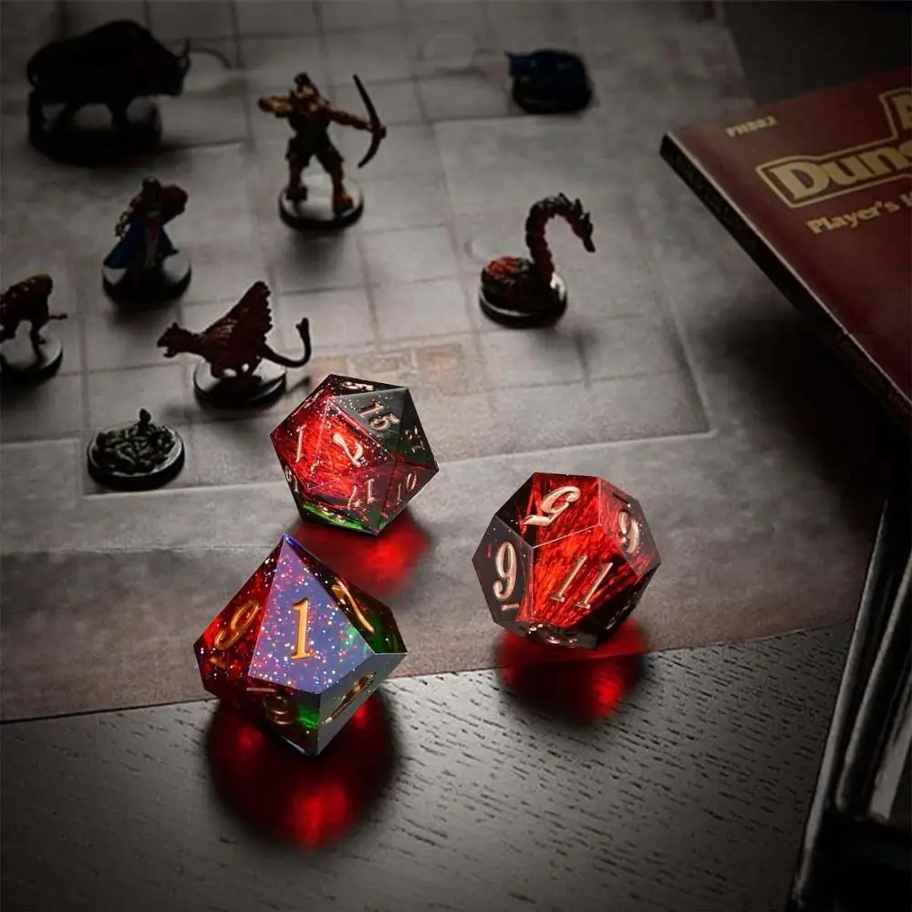 7 Buah DND Cincin Merah & Aliran Cairan Mata Tepi Tajam Set Dadu Resin D & Dungeon dan Naga Buatan Tangan D20 D dan D D Dadu Polihedral