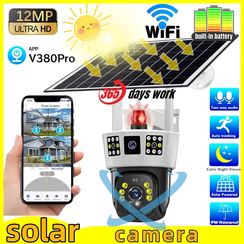

WiFi Solar Camera 12MP 8K Three Lens Three Screen Monitor Night Vision Security Protection PTZ Video Surveillance CCTV V380 pro
