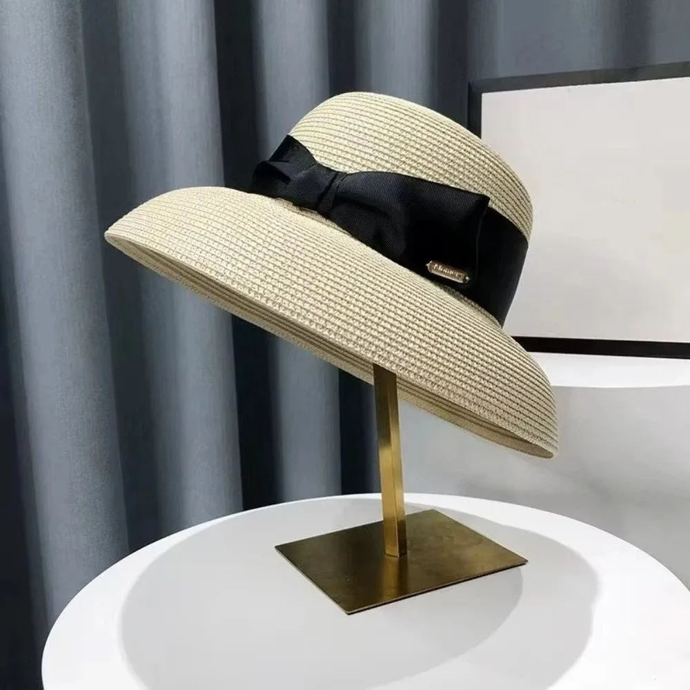 Retro Summer Women Straw Hat UV Resistant Wide Brim Beach Sun Hat Hepburn Style Face Covering Sun Hat For Beach Vacation