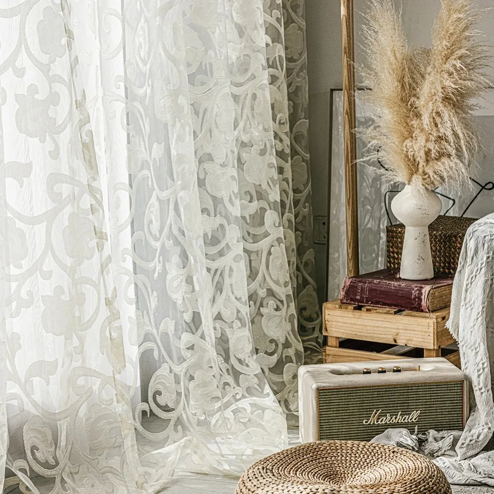 European Style Jacquard Design Sheer Panel Tulle Curtain for Living Room Balcony Organza Fabrics Window Treatments