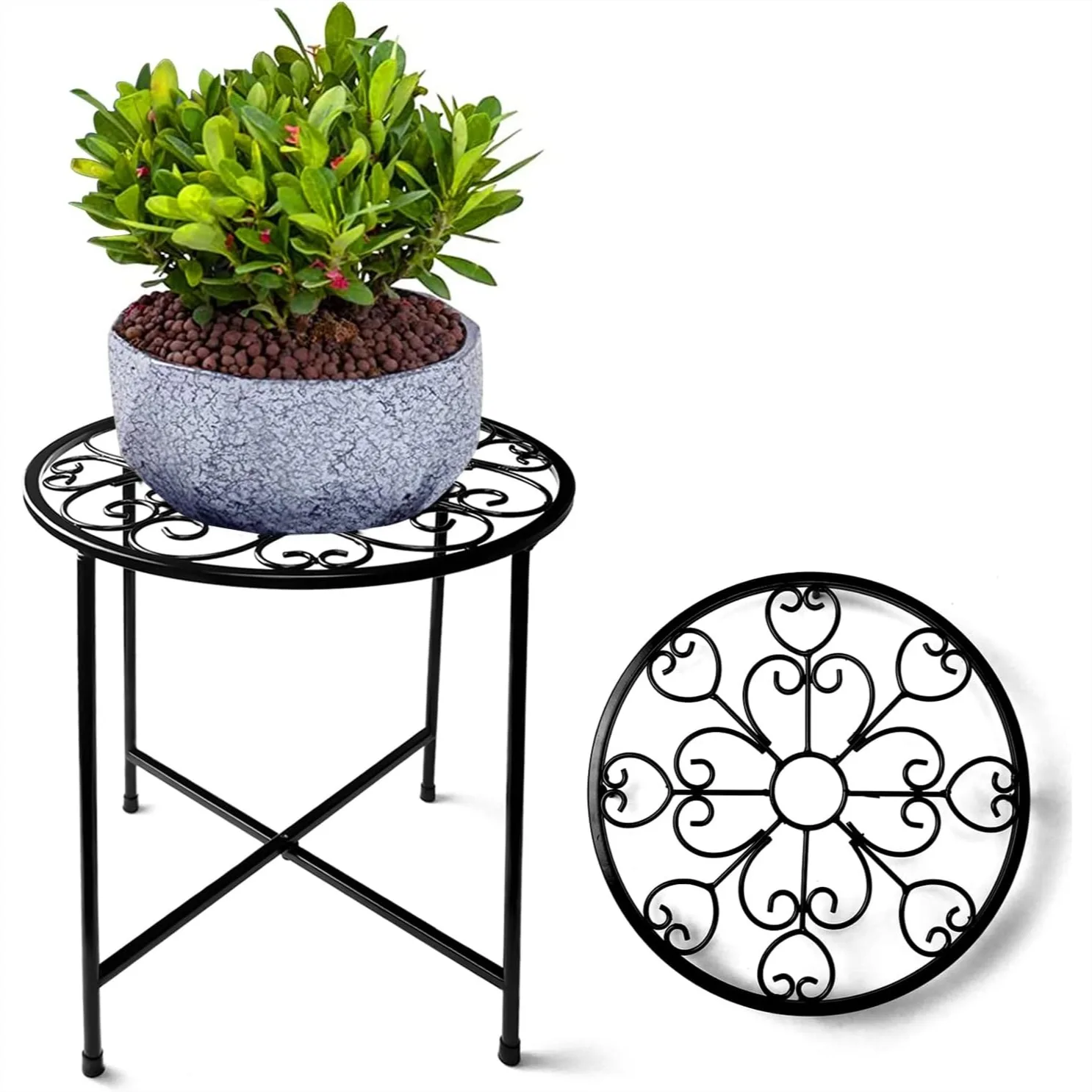

15" Metal Plant Stand, Modern Rustproof Flower Pot Holder for Indoor Outdoor, Black Decorative Stool with Monstera Motif for