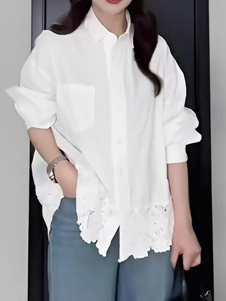 2025 Autumn Casual Women's Oversize Shirts Korea Style Button Up White Shirt Lace Patchwork Long Sleeve Female Cardigan Blouse