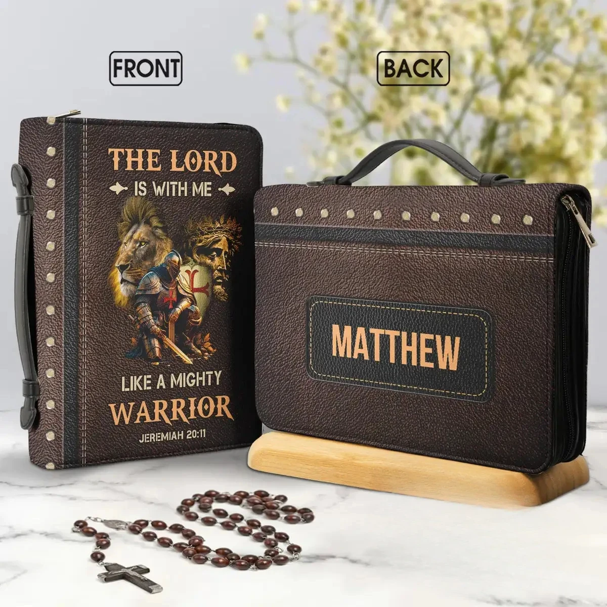 

New Women's PU Leather Bible Bag The Lord Is with Me Like A Mighty Warrior Verse Print Ladies Zippered Bible Cover Case Bolsa