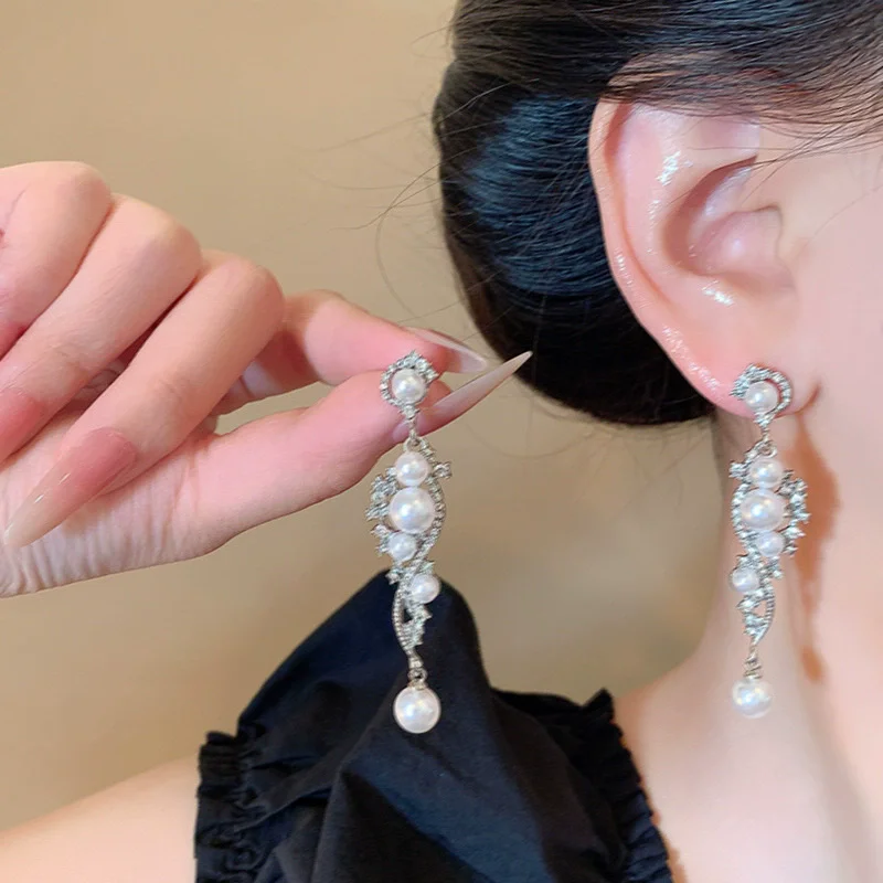 Exaggeration Long Dangle Earrings for Women Full of Imitation Pearl Rhinestones Drop Earrings Elegant Bohemian Luxury Jewelry