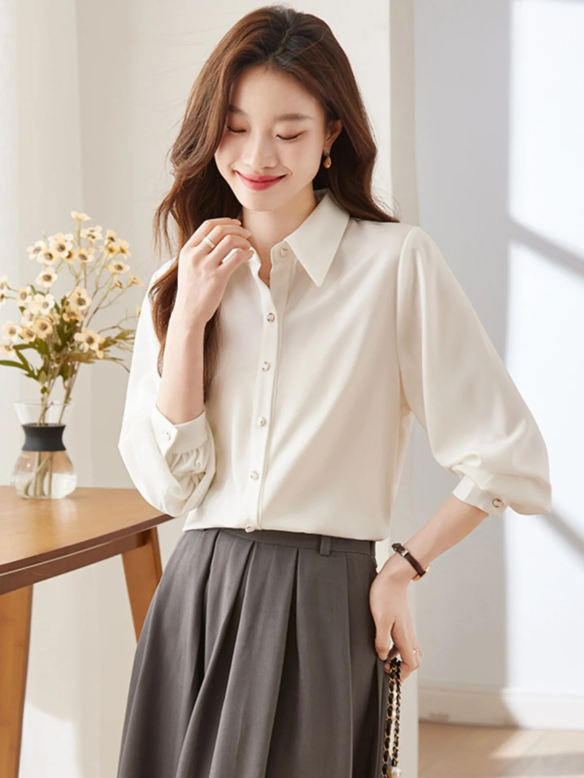 Elegant Pure Color White Shirt Women's Commute Fashion Simple Design Sensation Shirt Ladylike Straight Tube Long Sleeve  ...